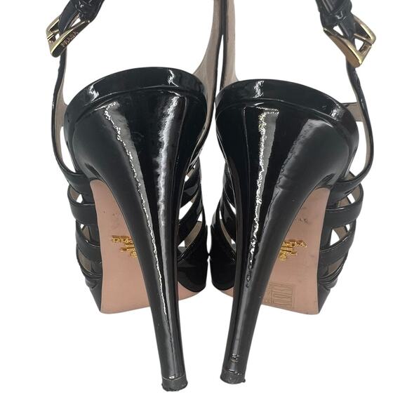 Prada Patent Leather Vitello Strappy Open Toe Heeled Sandals in Black - Picture 9 of 14